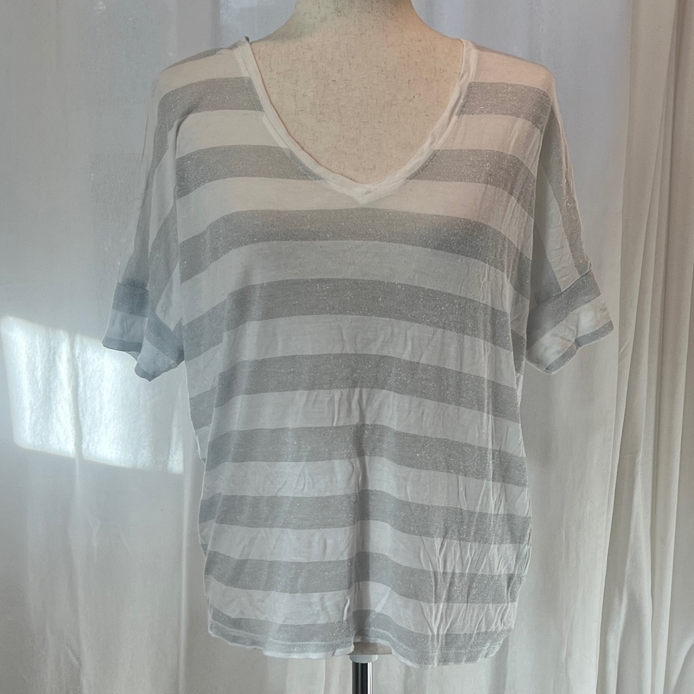 Kardashian Kollection Gray and White Striped V-Neck Tee. Size M